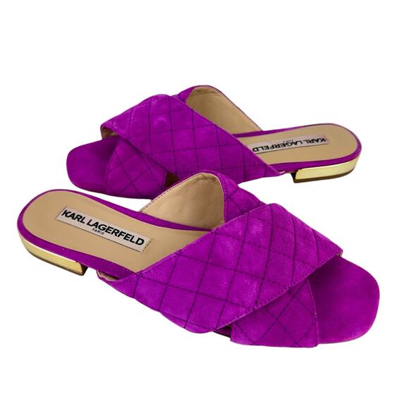 Karl Lagerfeld Shoes - Karl Lagerfeld Rae Magenta Purple Suede Leather Quilted Open Toe Slide Sandals